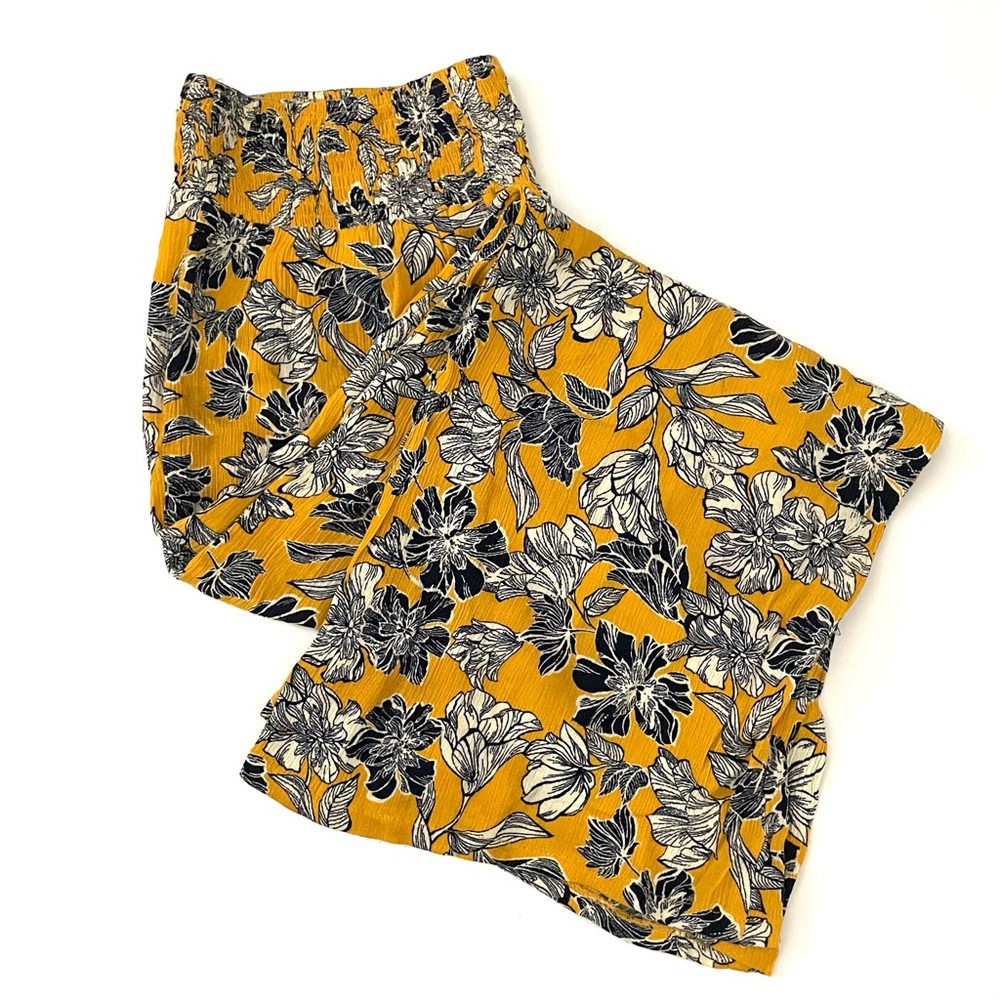 Wide Leg Floral Lightweight Pants, Pull On Summer Pants, Golden Yellow, Large